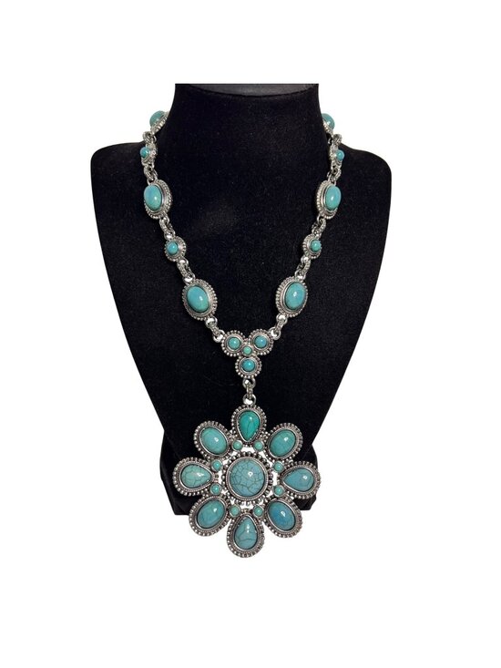 Rj Graziano Jewelry - RJ Graziano Silver Tone And Faux Turquois Necklace With Flower Pendant (6321)